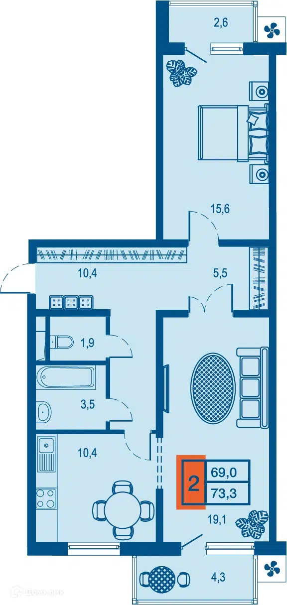 Планировка: 2-комн. квартира 69.00 м² в новостройке Дом у озера