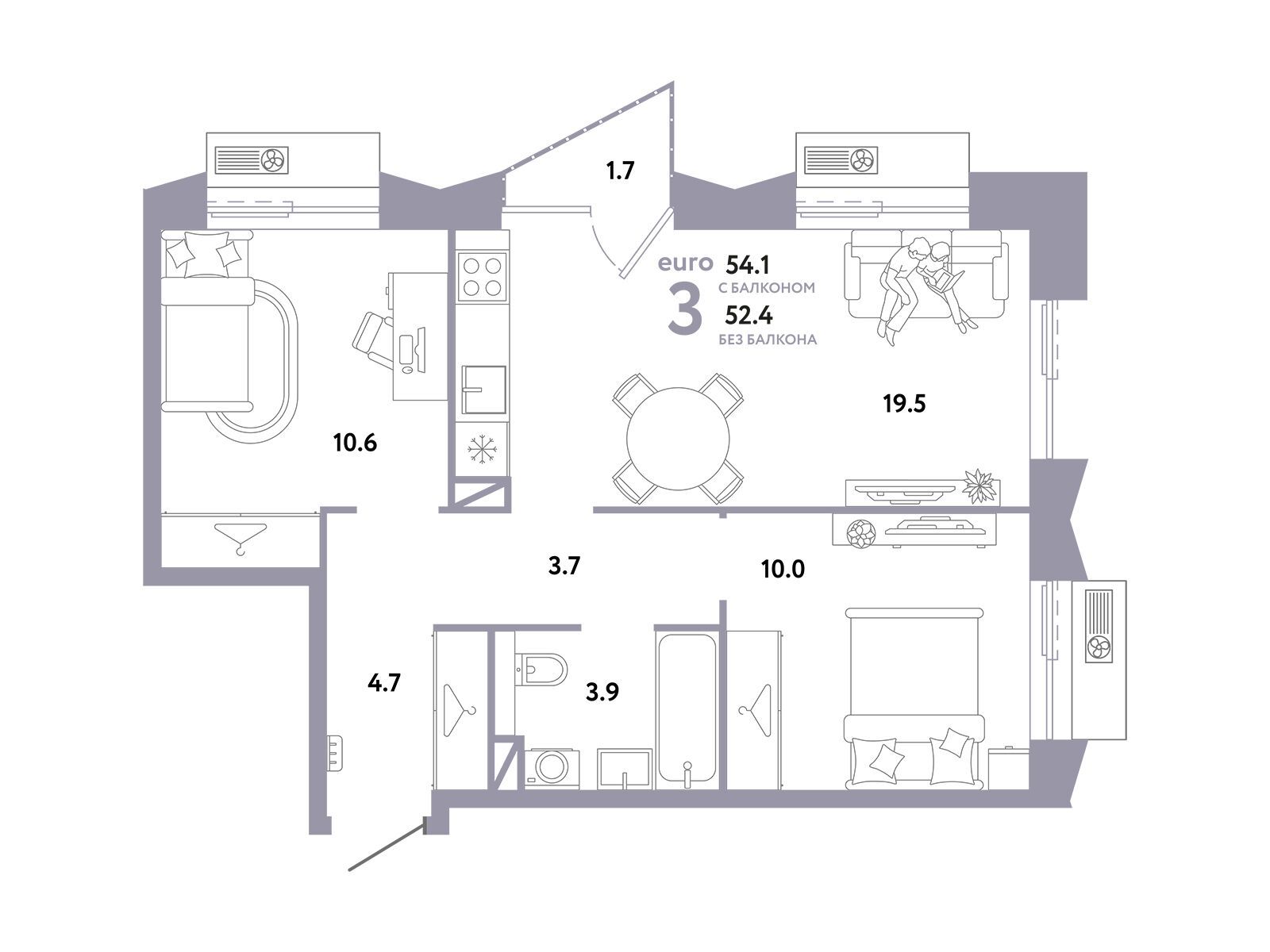 Планировка: 3-комн. квартира 54.10 м² в новостройке ЖК Страна. Заречная