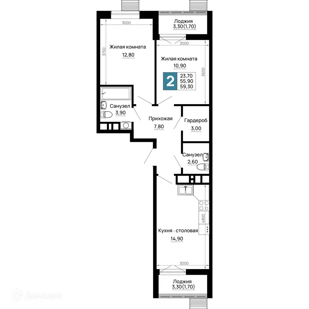 Планировка: 2-комн. квартира 59.30 м² в новостройке ЖК Традиции