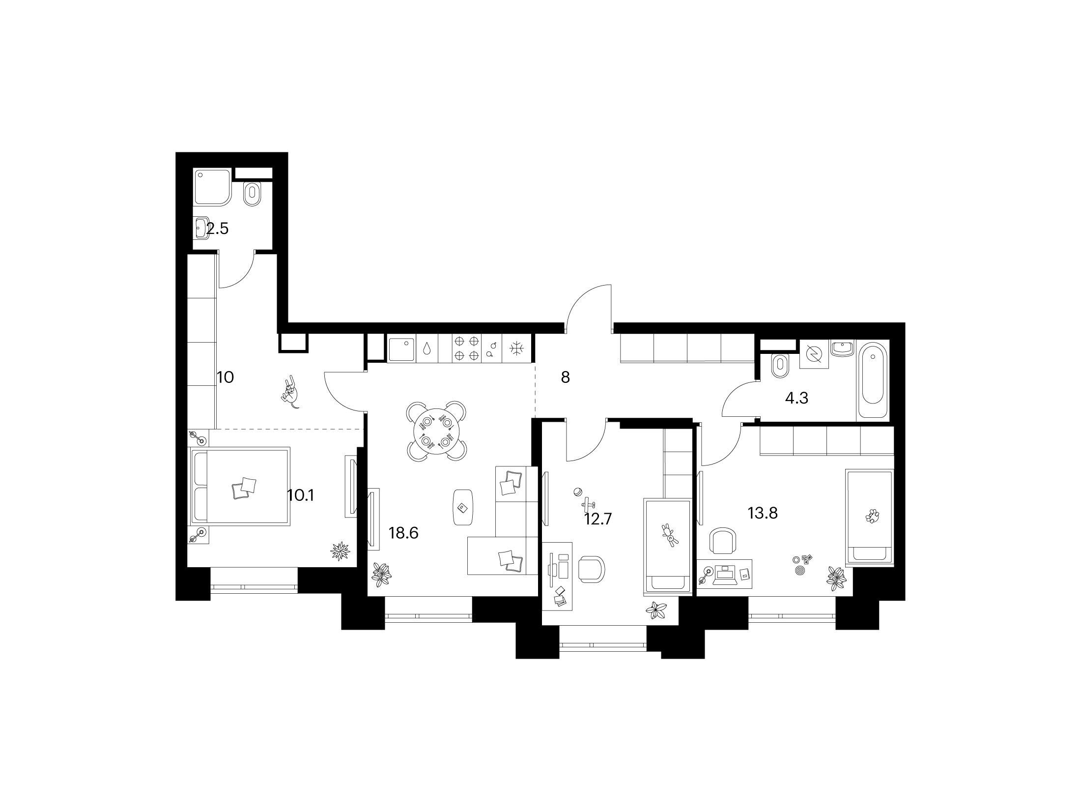 Планировка: 3-комн. квартира 80.00 м² в новостройке Середневский лес