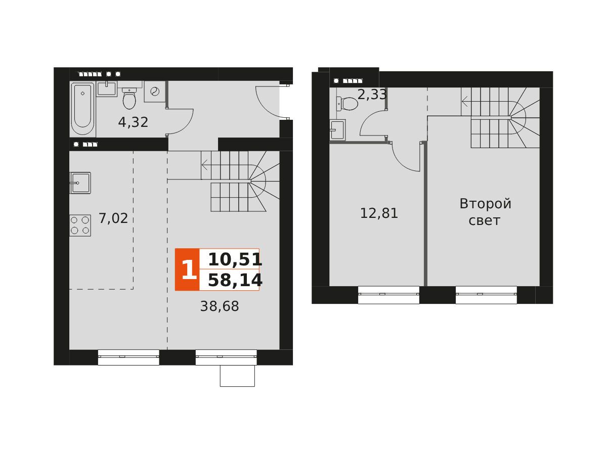Планировка: 1-комн. квартира 58.14 м² в новостройке Мартемьяново Клаб