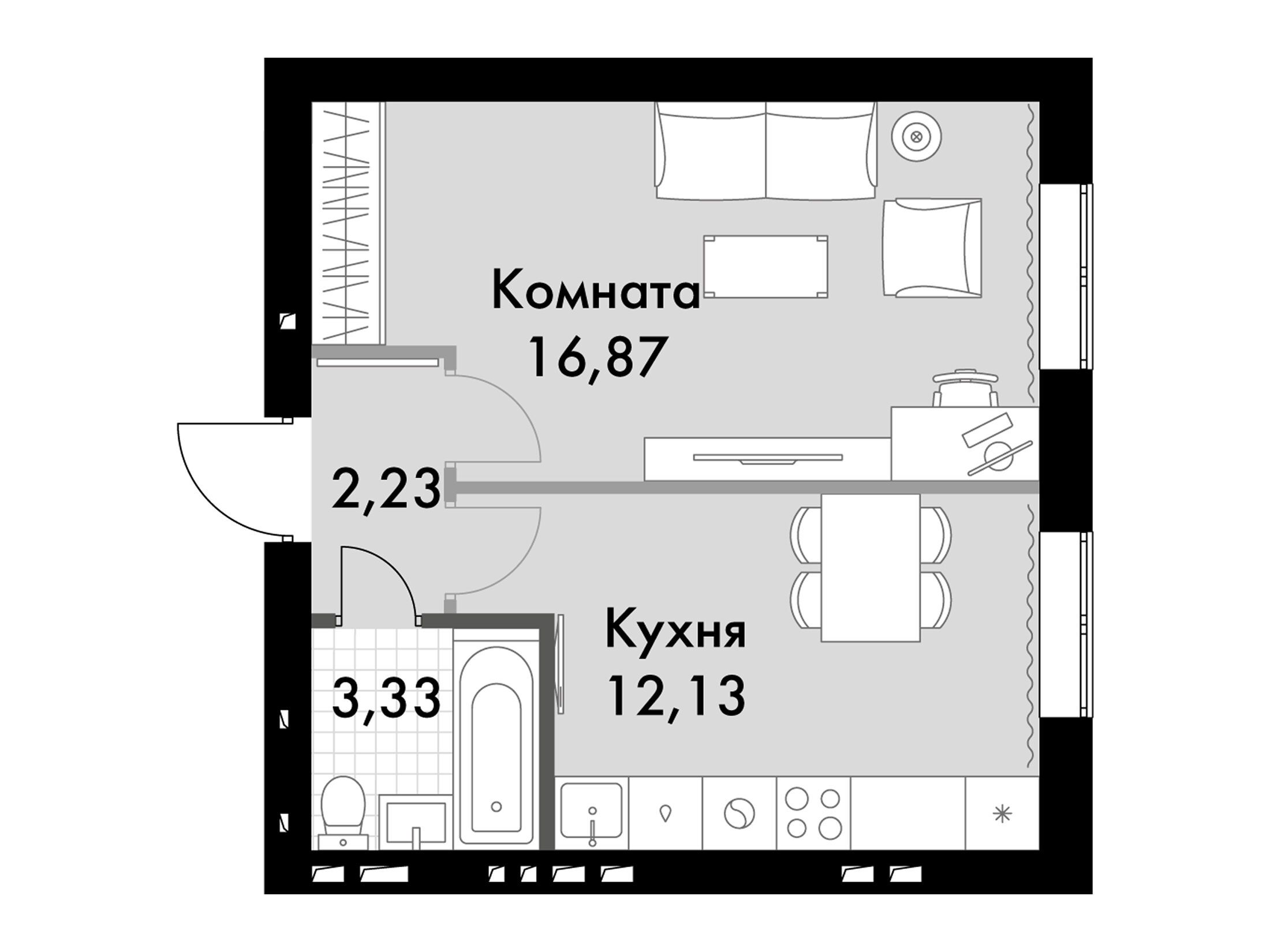 Планировка: 1-комн. квартира 34.40 м² в новостройке Парк Апрель