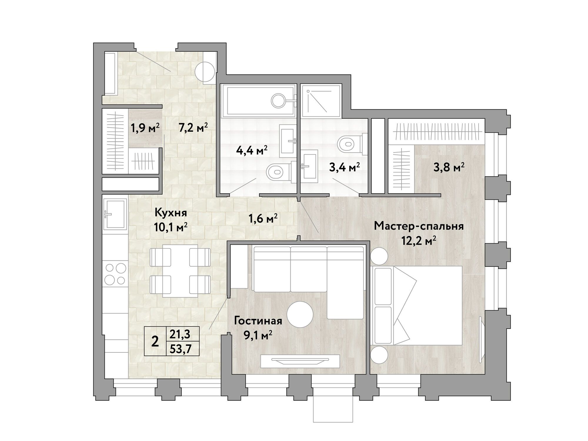 Планировка: 2-комн. квартира 53.70 м² в новостройке Новые смыслы