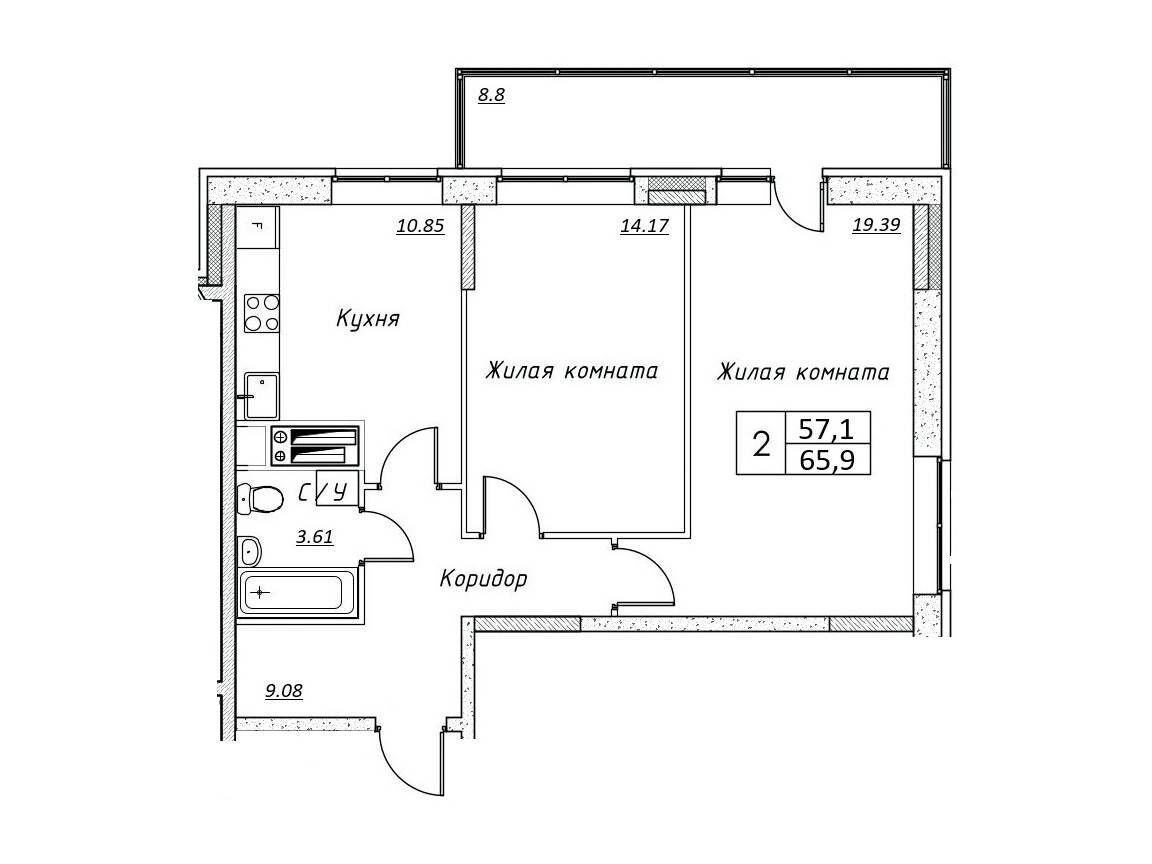Планировка: 2-комн. квартира 65.90 м² в новостройке ЖК Шоколад (Дмитров)