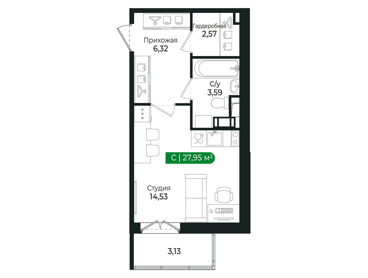 Планировка: Студия 27.95 м² в новостройке Сертолово Парк