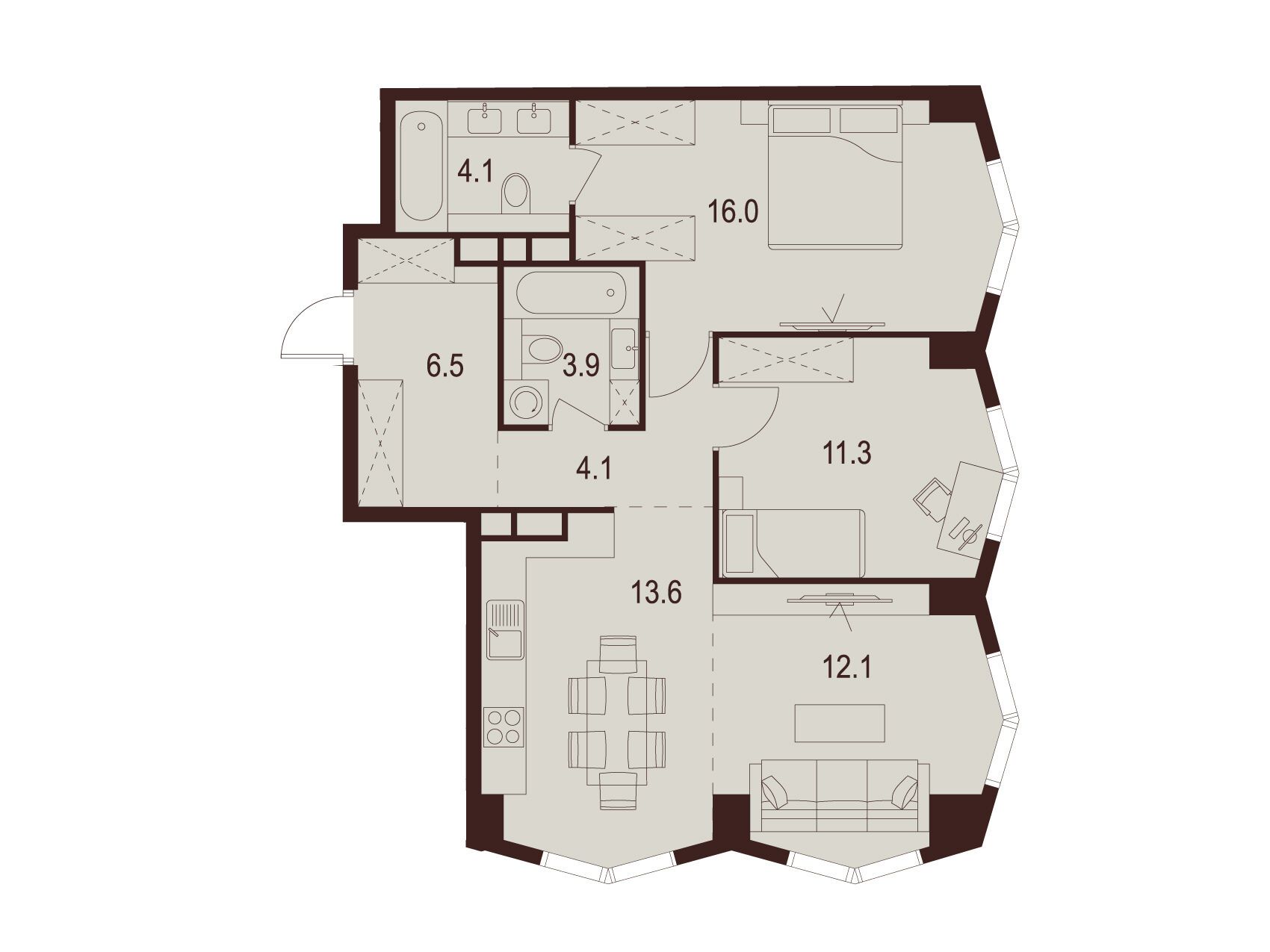 Планировка: 2-комн. квартира 71.60 м² в новостройке Инди Тауэрз