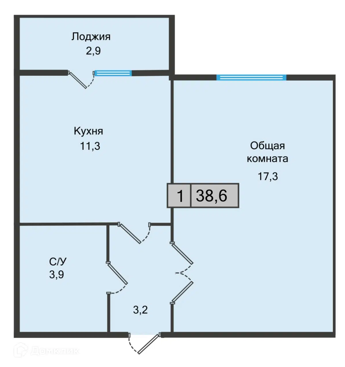 Планировка: 1-комн. квартира 38.60 м² в новостройке Кислород