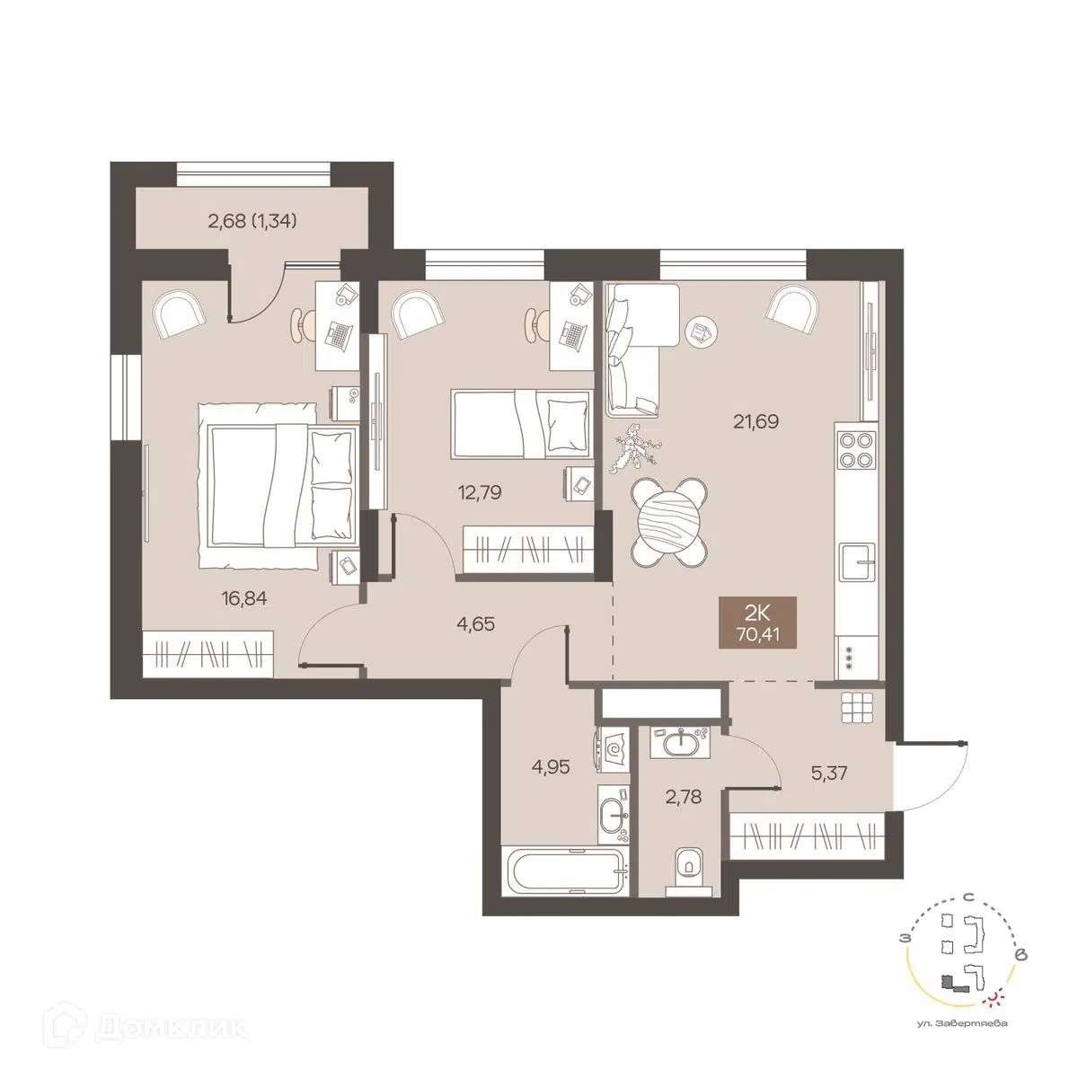 Планировка: 2-комн. квартира 70.41 м² в новостройке Заря на Завертяева