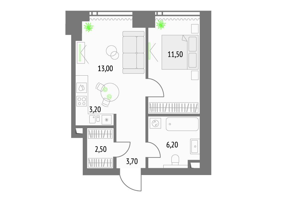 Планировка: 1-комн. квартира 40.80 м² в новостройке Апсайд Тауерс
