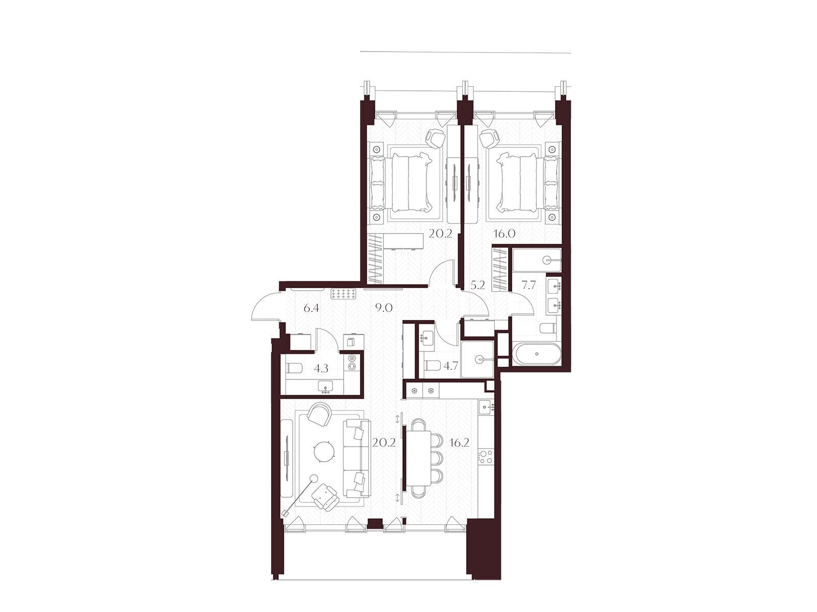Планировка: 2-комн. квартира 109.90 м² в новостройке Климашкина 7/11