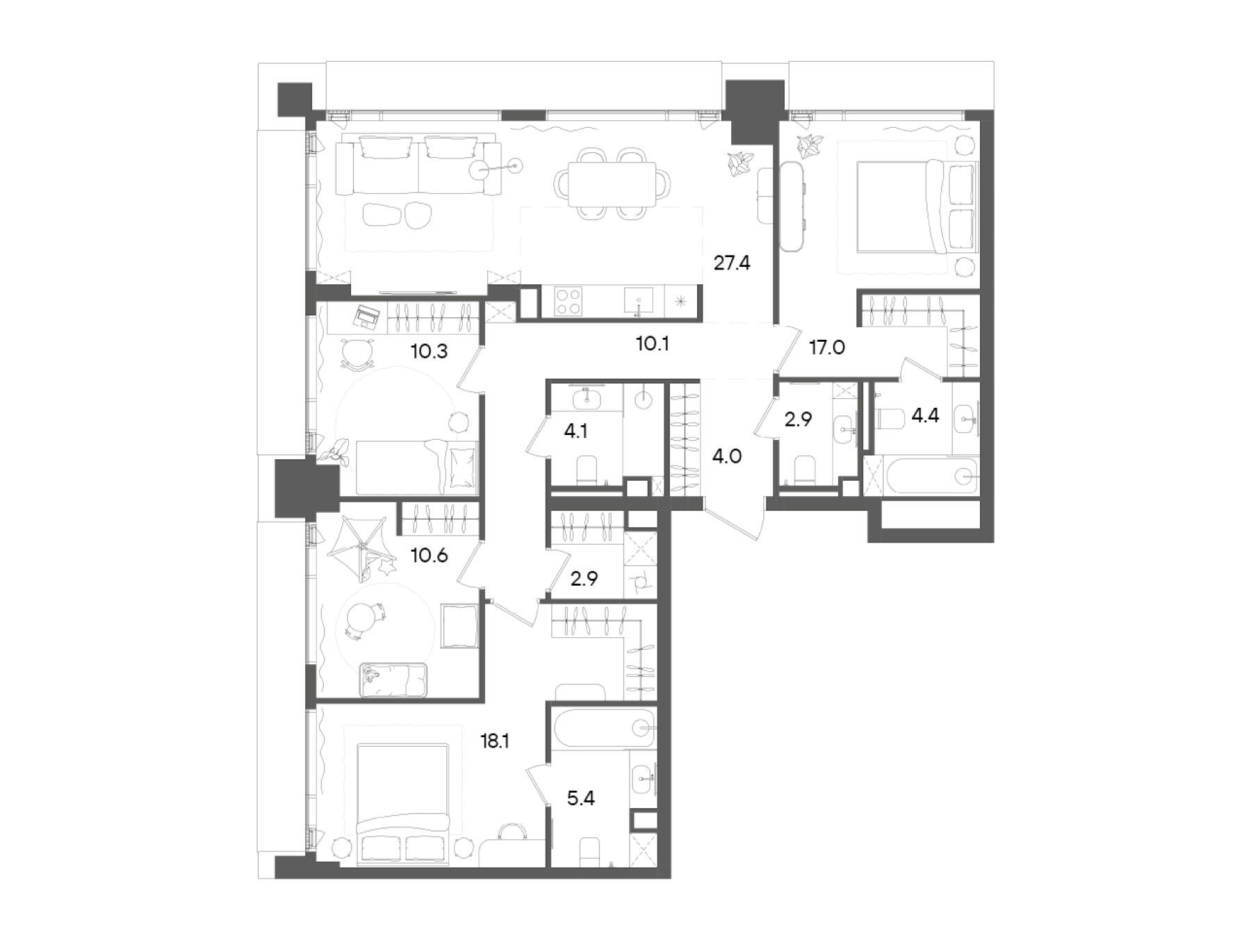 Планировка: 4-комн. квартира 117.20 м² в новостройке Стоун Грэйн