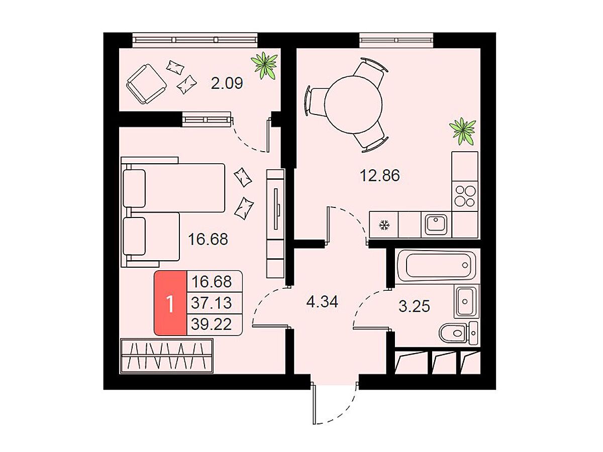Планировка: 1-комн. квартира 39.22 м² в новостройке Химки Тайм