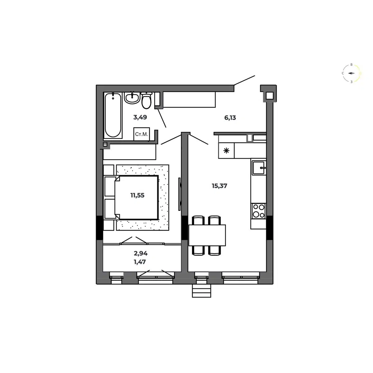 Планировка: 1-комн. квартира 38.01 м² в новостройке Красный Пахарь