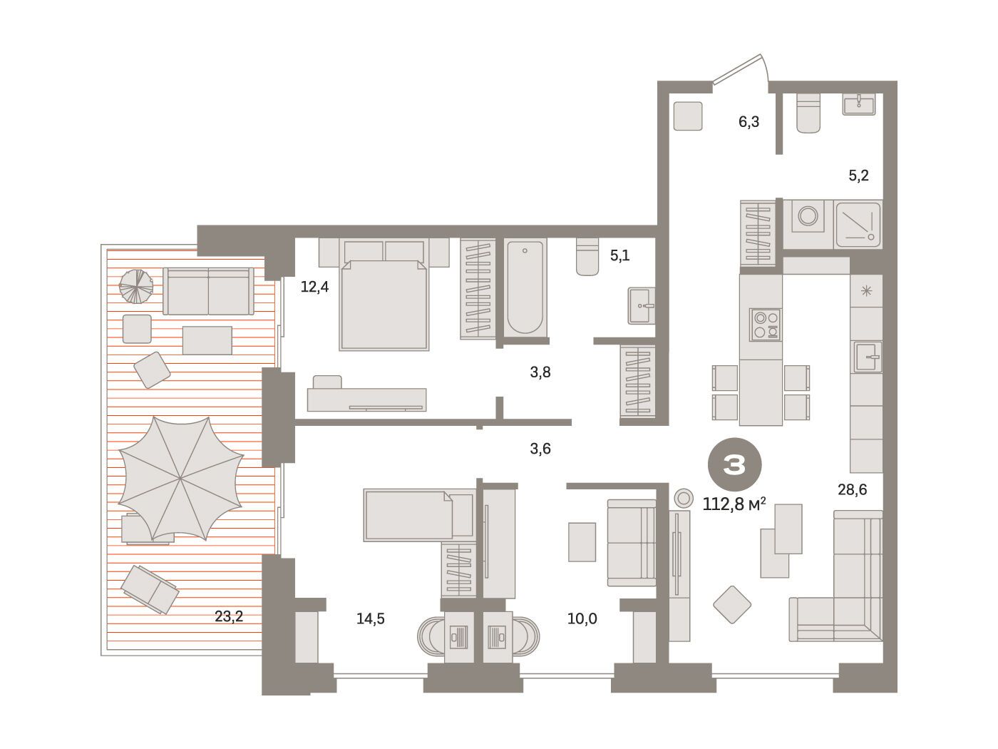 Планировка: 3-комн. квартира 112.80 м² в новостройке Монс