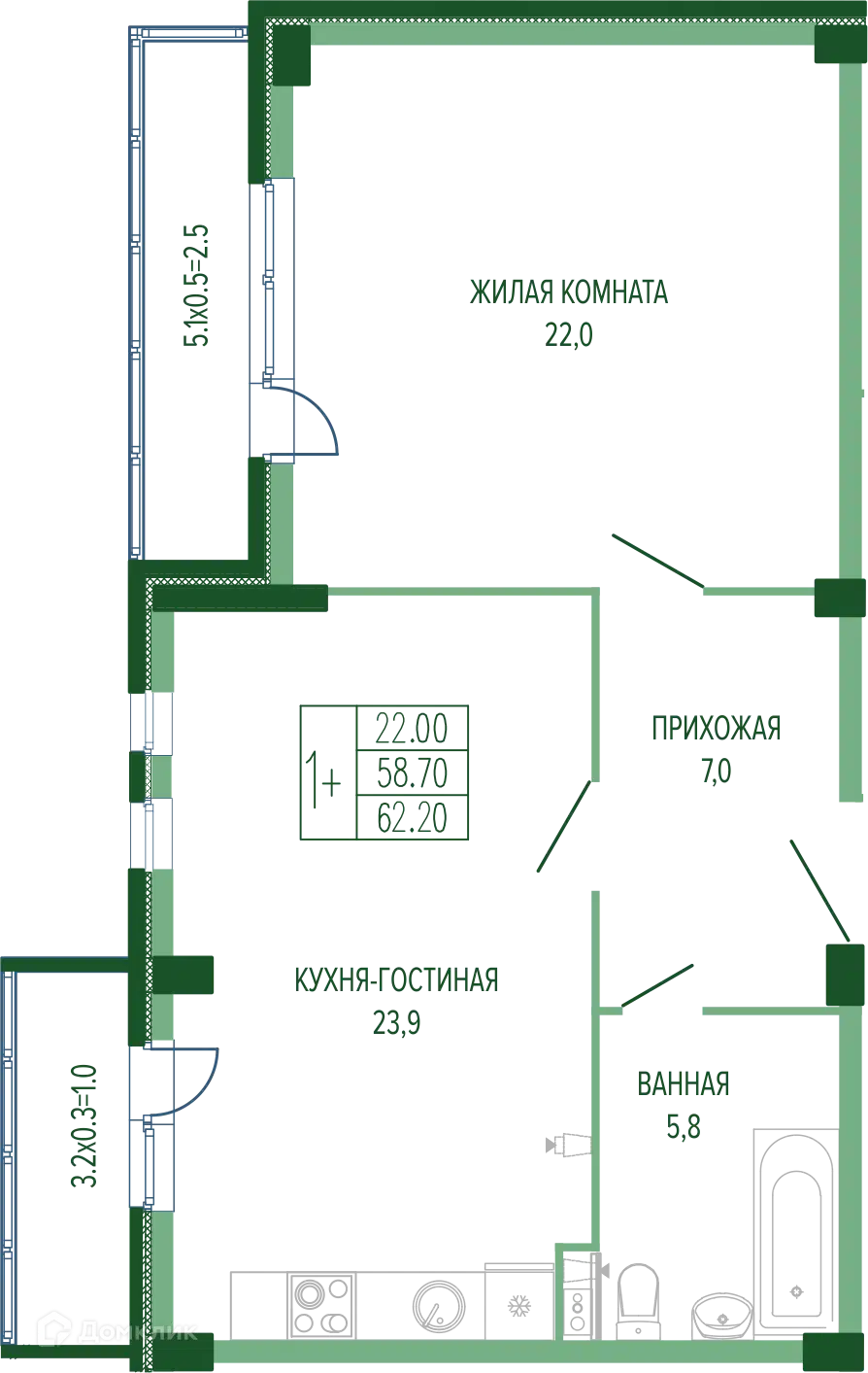 Планировка: 1-комн. квартира 63.32 м² в новостройке Екатерининский парк