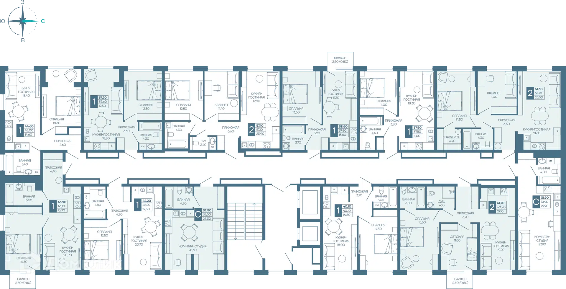Планировка: 1-комн. квартира 44.54 м² в новостройке Иначе в Молодежном