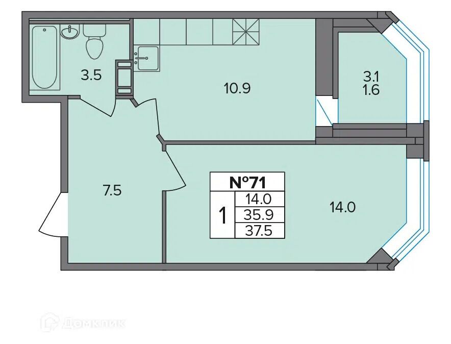Планировка: 1-комн. квартира 37.50 м² в новостройке Капральский