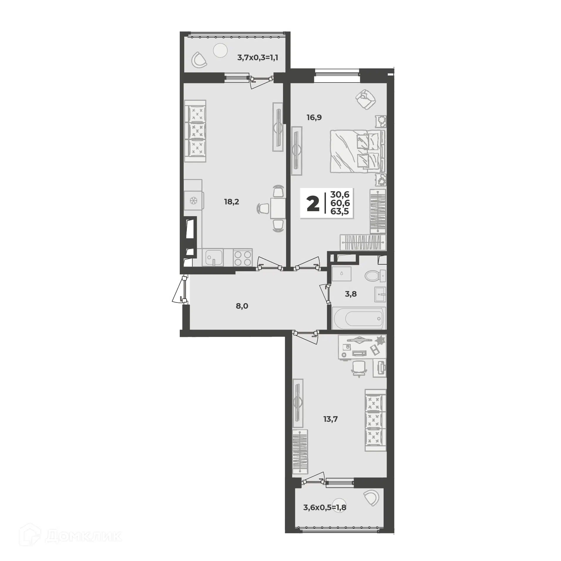 Планировка: 2-комн. квартира 63.50 м² в новостройке Лето