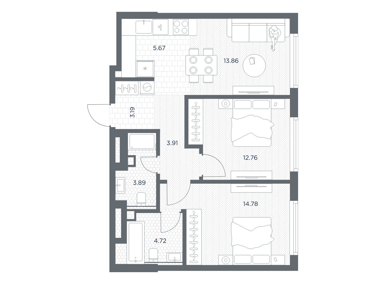 Планировка: 2-комн. квартира 62.78 м² в новостройке Тейт