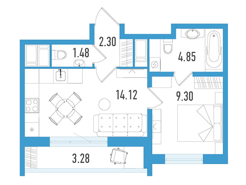 Планировка: 1-комн. квартира 33.03 м² в новостройке Южный форт