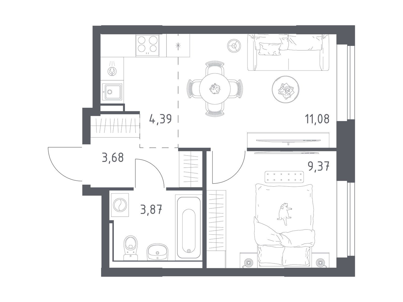 Планировка: 1-комн. квартира 31.80 м² в новостройке Пригород Лесное