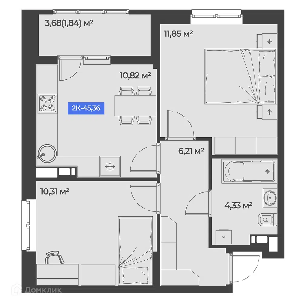 Планировка: 2-комн. квартира 45.36 м² в новостройке Соловей