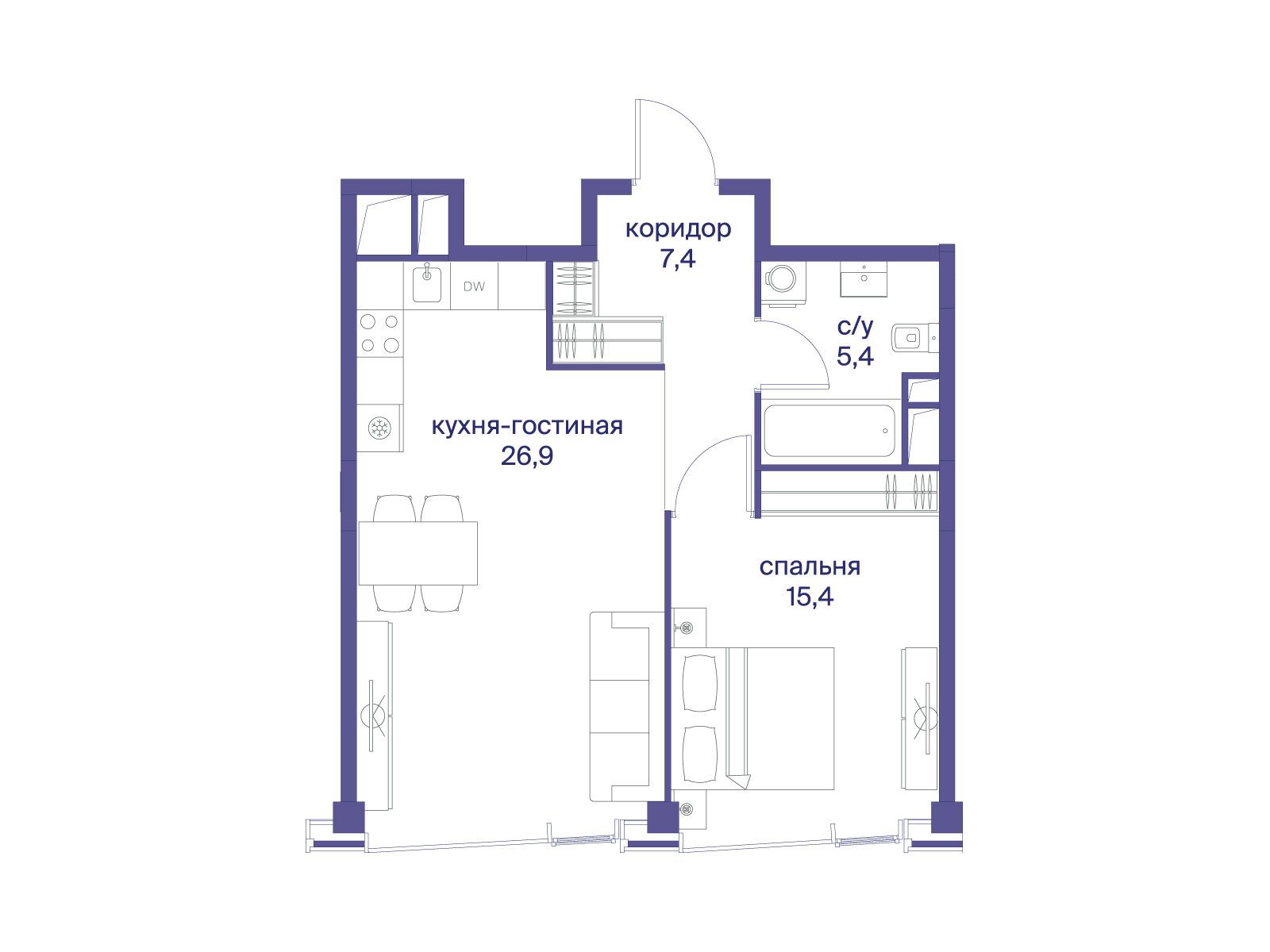 Планировка: 1-комн. квартира 55.10 м² в новостройке Начало