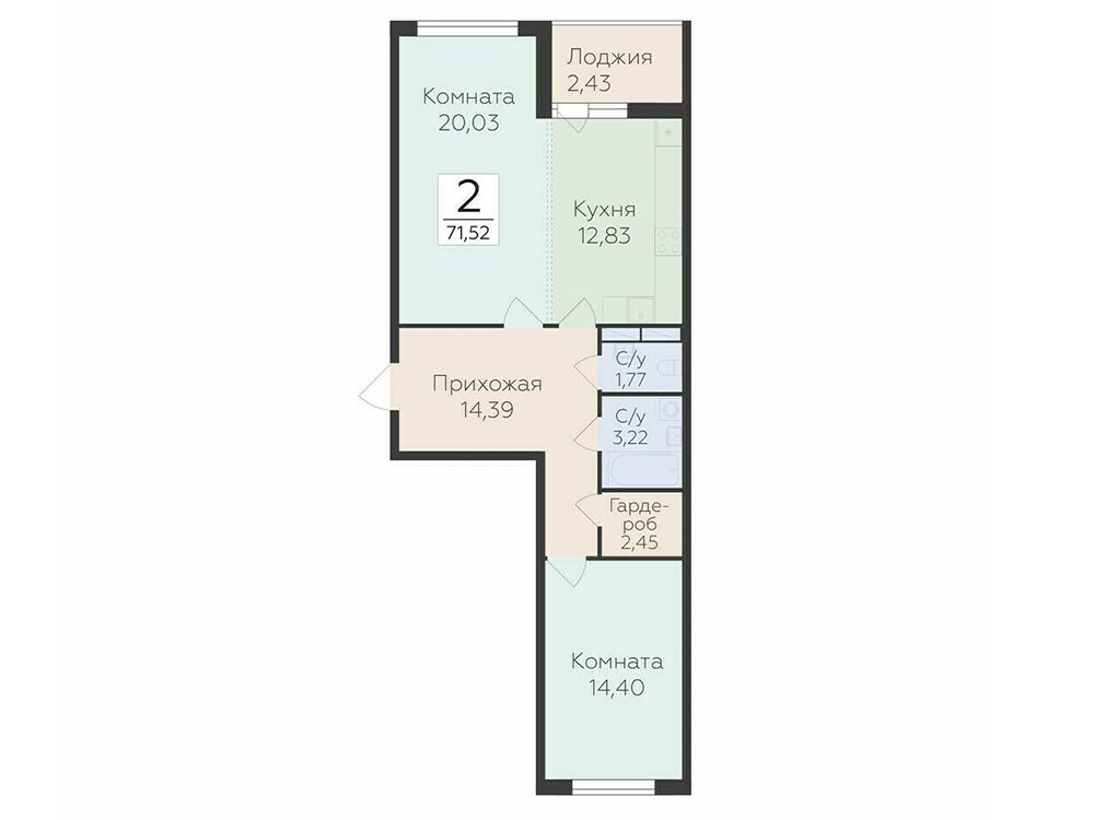 Планировка: 2-комн. квартира 71.52 м² в новостройке Финский квартал