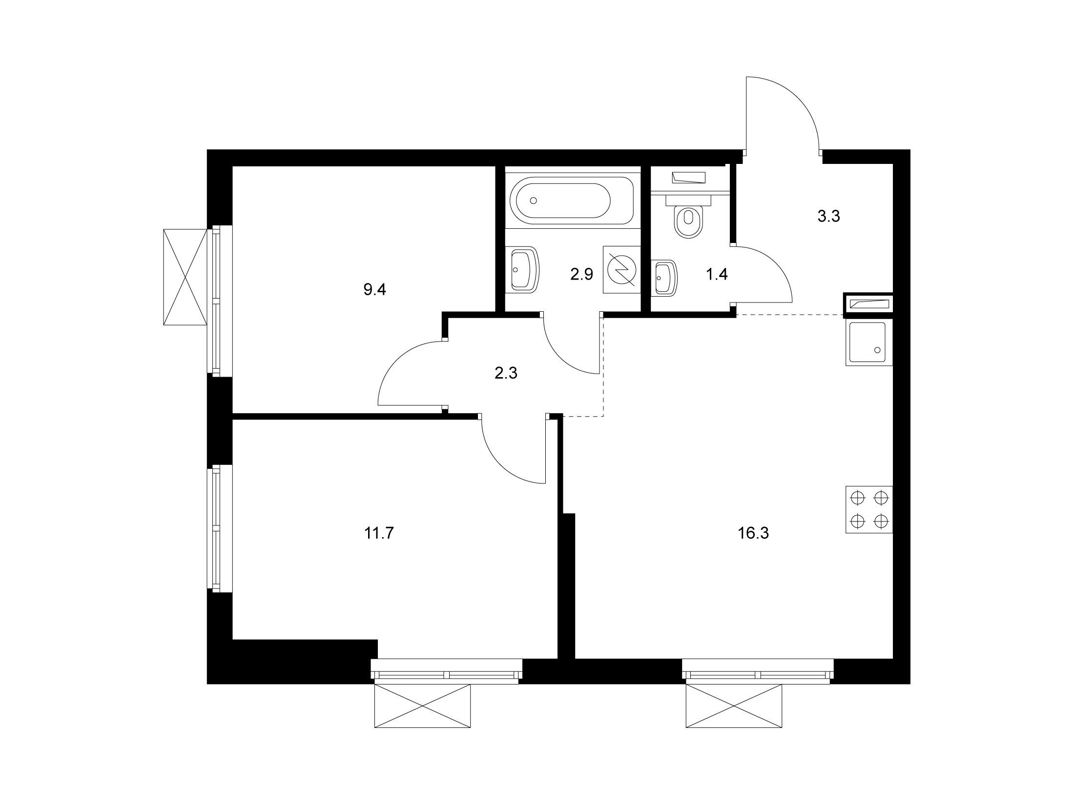 Планировка: 2-комн. квартира 47.30 м² в новостройке Первый Дубровский