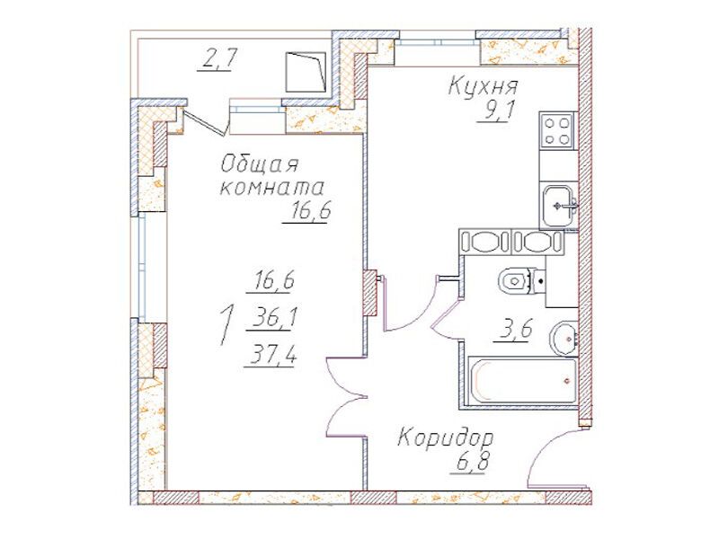 Планировка: 1-комн. квартира 37.40 м² в новостройке Полет-Купавна