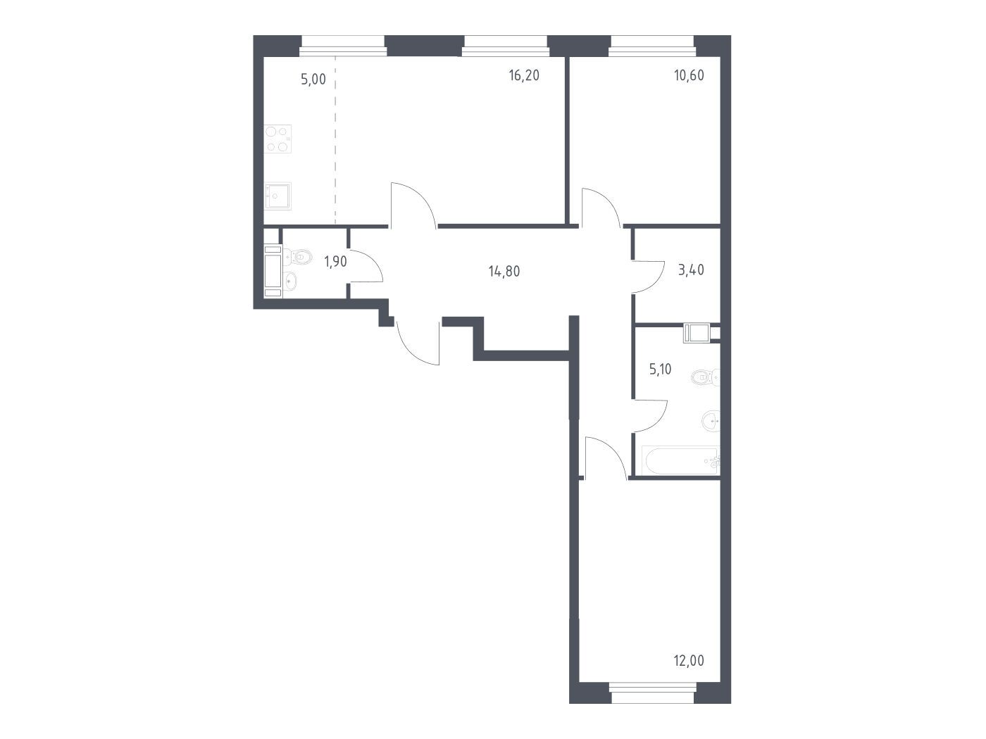 Планировка: 2-комн. квартира 68.80 м² в новостройке Эко Бунино
