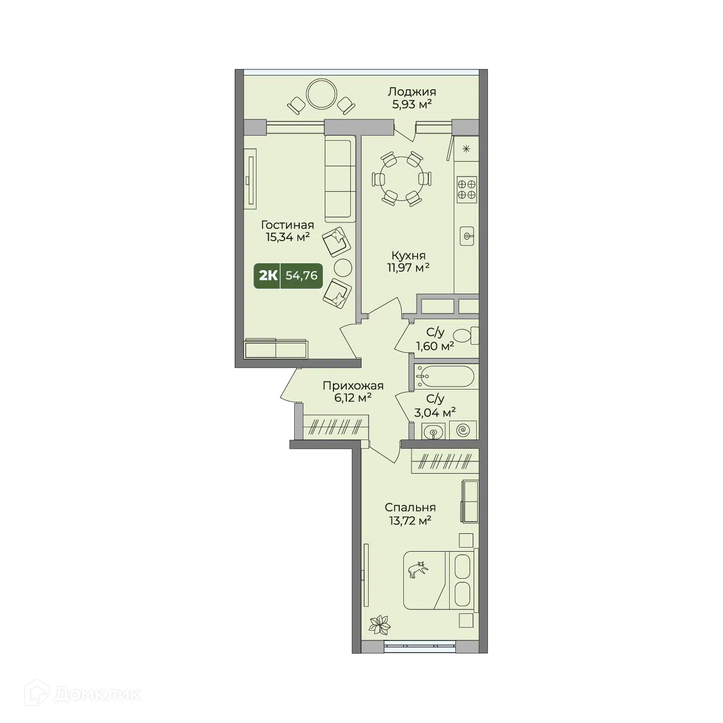 Планировка: 2-комн. квартира 54.76 м² в новостройке Цитрус
