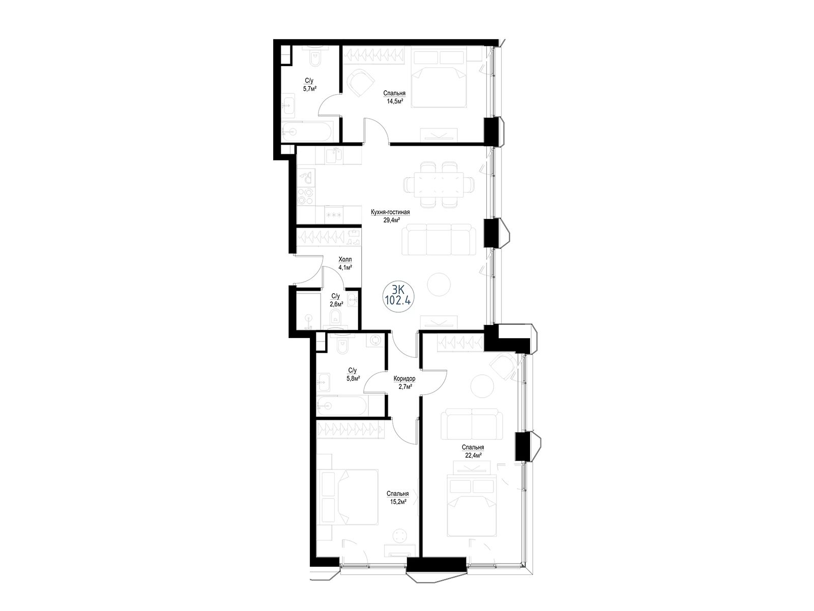 Планировка: 4-комн. квартира 101.20 м² в новостройке Метрополия