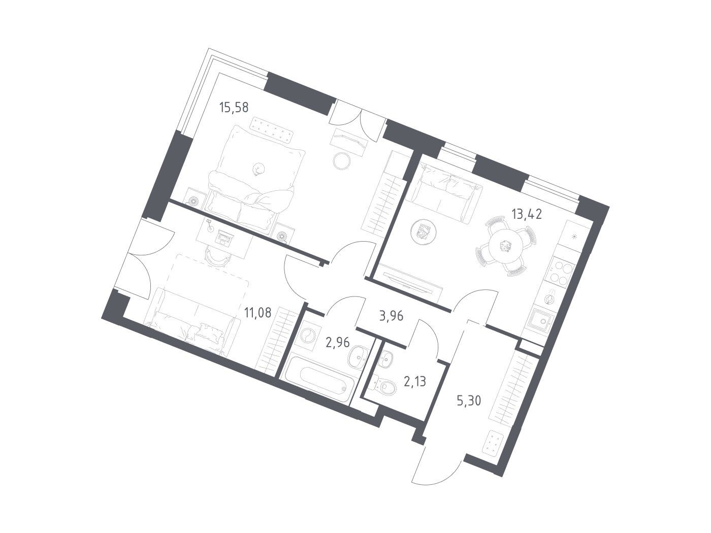 Планировка: 2-комн. квартира 54.43 м² в новостройке Квартал Западный
