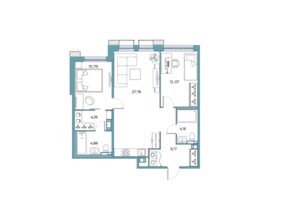 Планировка: 2-комн. квартира 71.59 м² в новостройке Взлетная 16