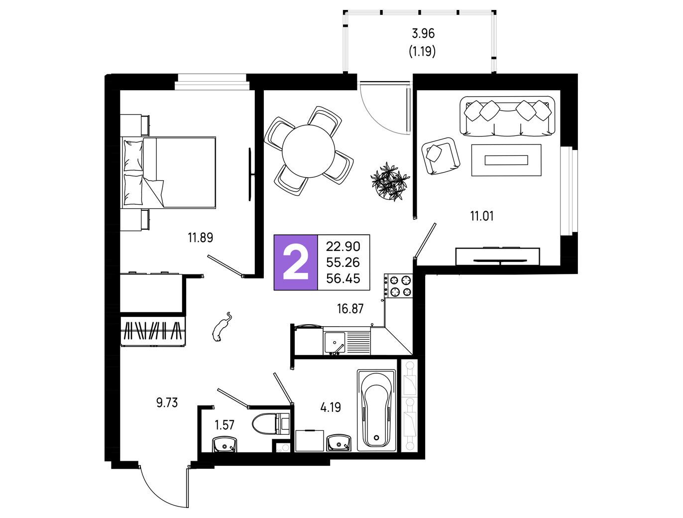 Планировка: 2-комн. квартира 56.45 м² в новостройке Имена
