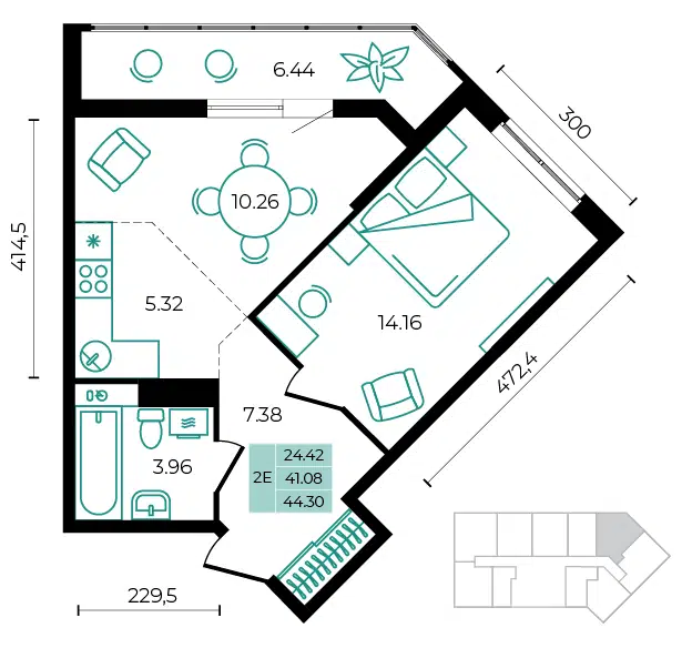 Планировка: 2-комн. квартира 44.30 м² в новостройке Курортный Регион