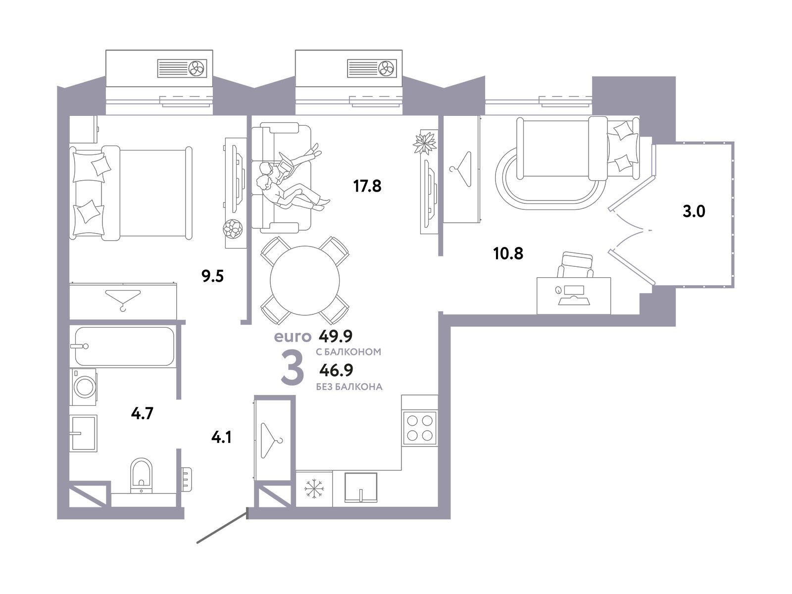 Планировка: 3-комн. квартира 49.90 м² в новостройке Страна. Заречная