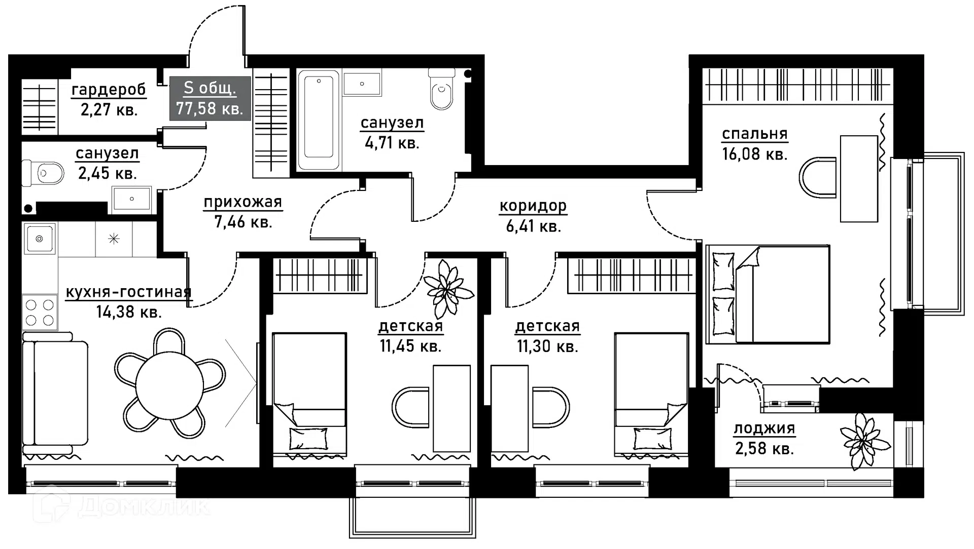 Планировка: 3-комн. квартира 77.58 м² в новостройке ЖК Аура