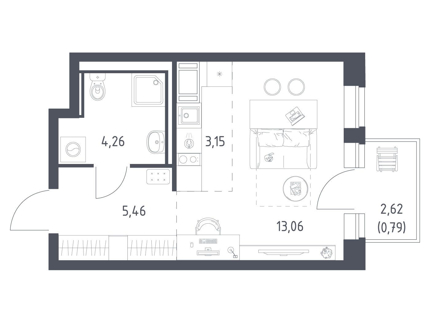 Планировка: Студия 26.72 м² в новостройке Новое Колпино