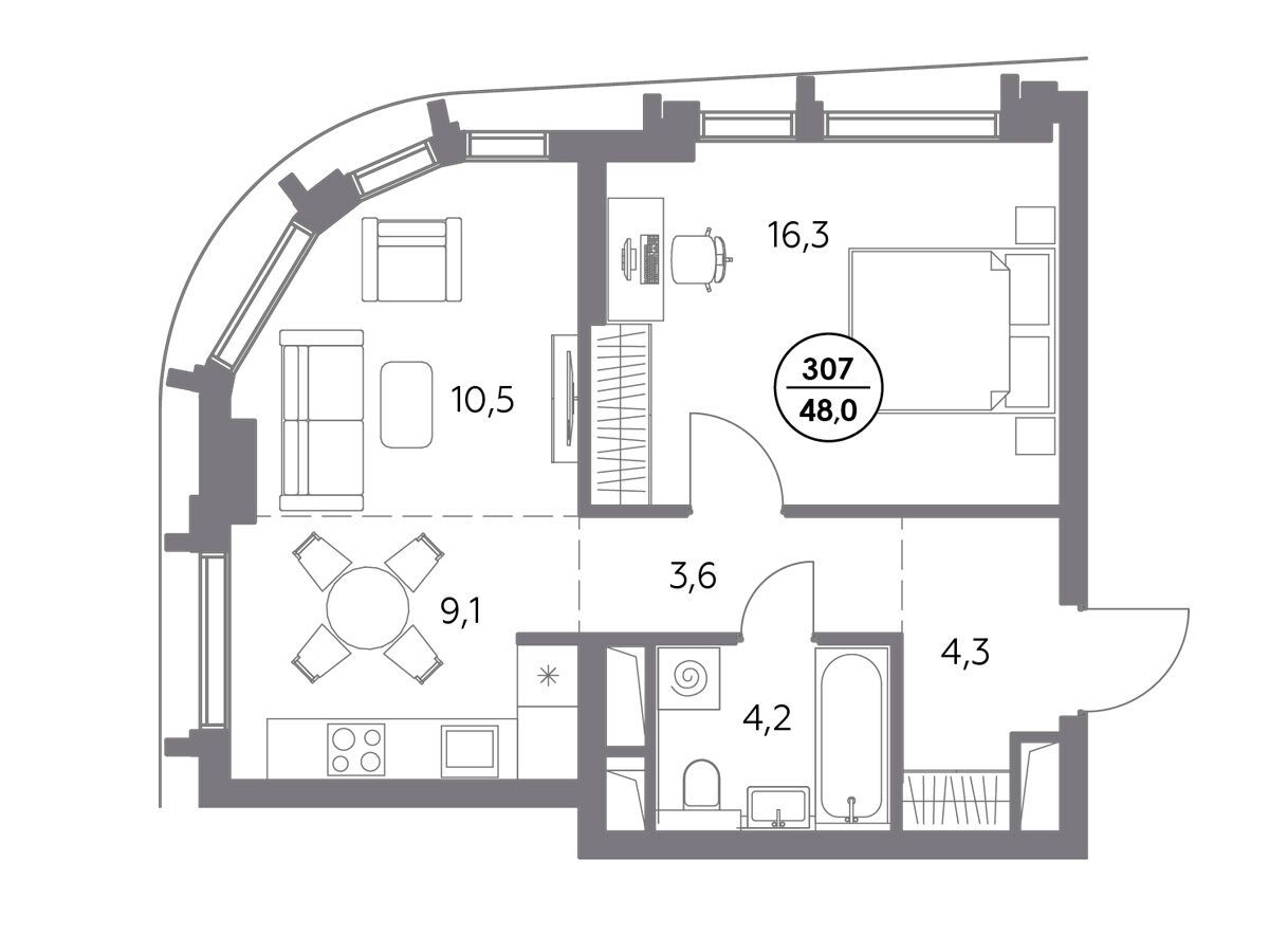 Планировка: 1-комн. квартира 48.00 м² в новостройке Дом 56