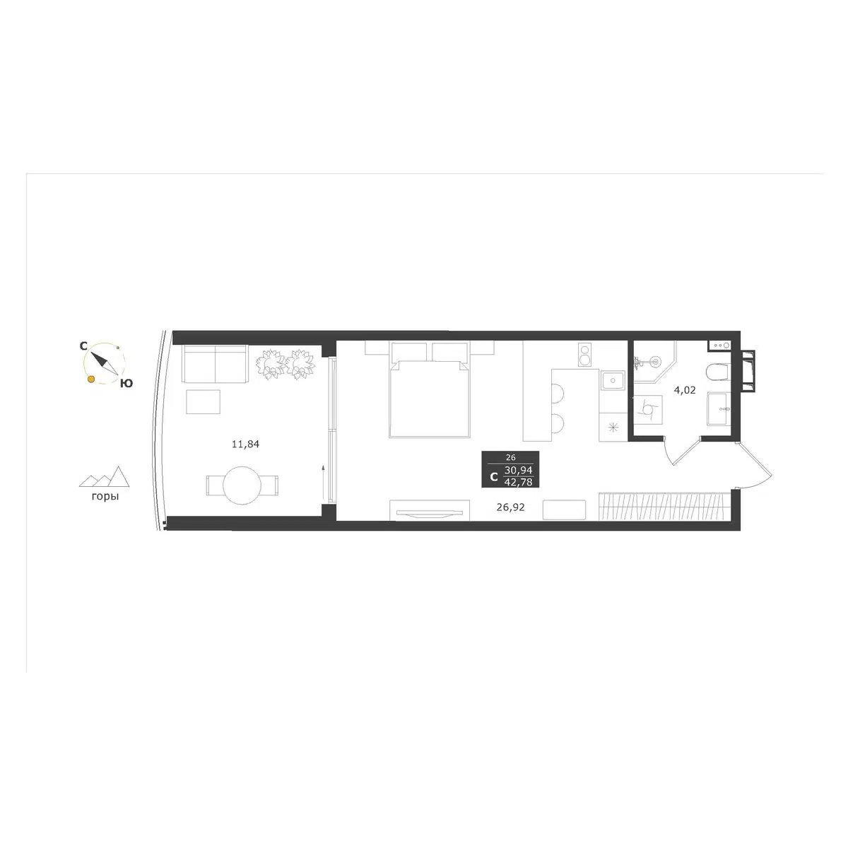 Планировка: Студия 42.78 м² в новостройке Апарт-комплекс Паруса мечты