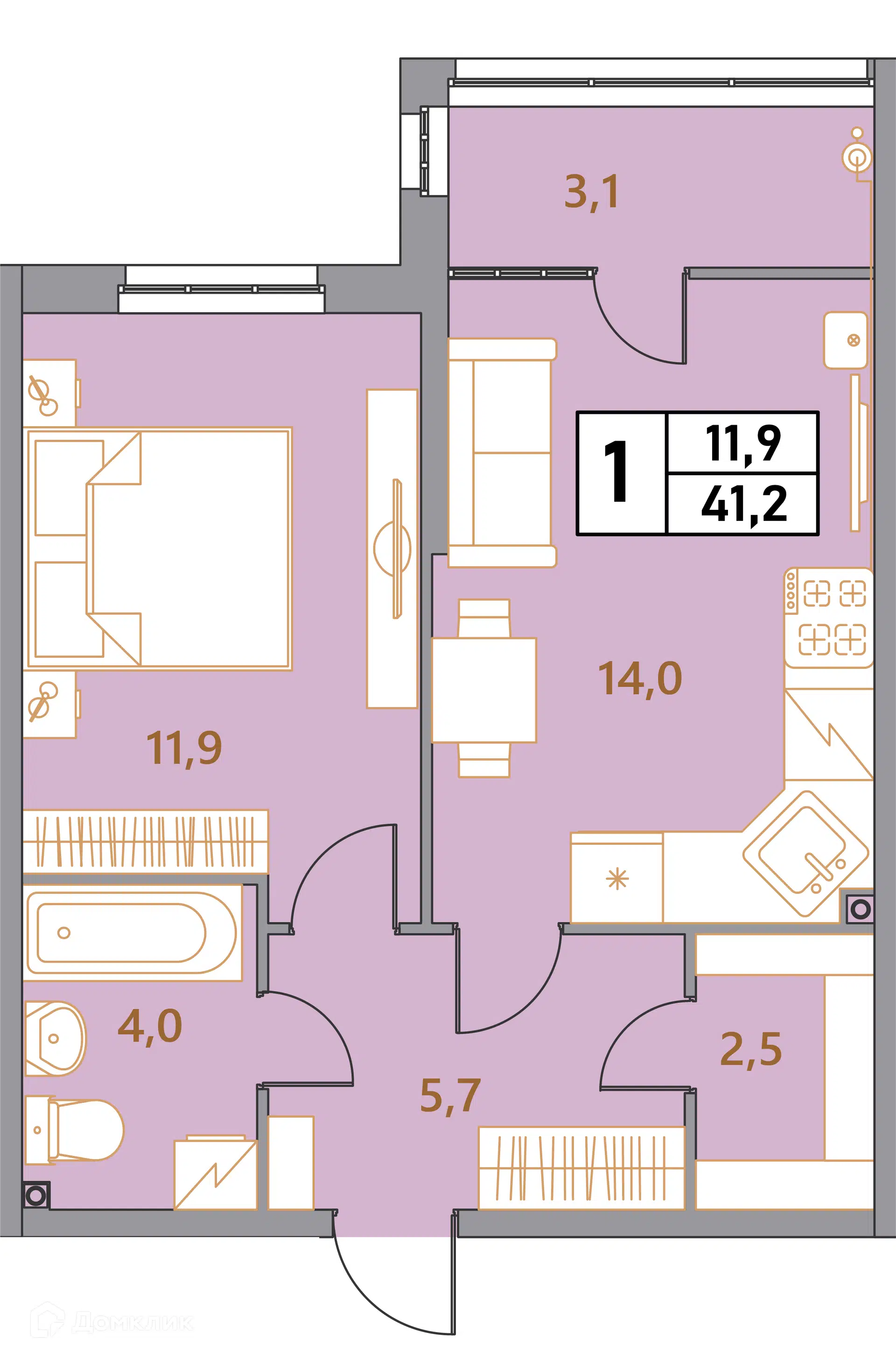 Планировка: 2-комн. квартира 41.20 м² в новостройке Фруктовый сад