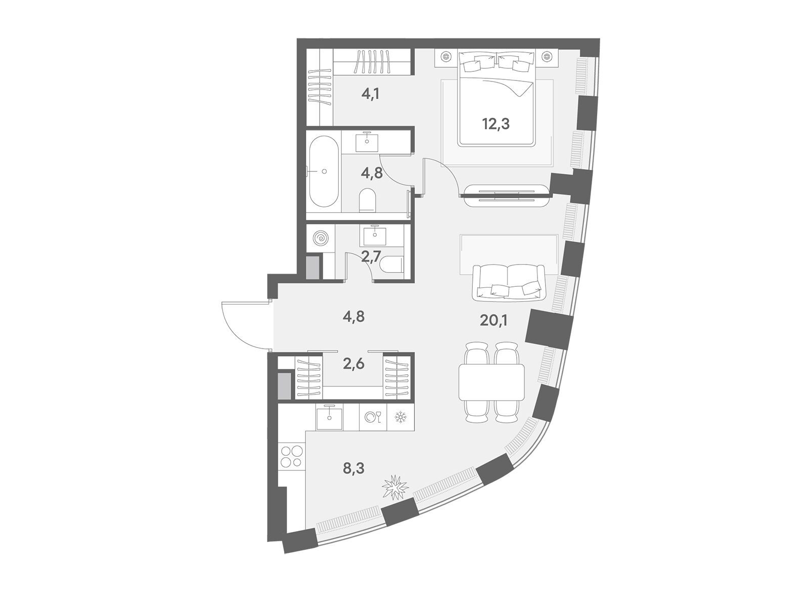 Планировка: 1-комн. квартира 59.70 м² в новостройке Энигмия