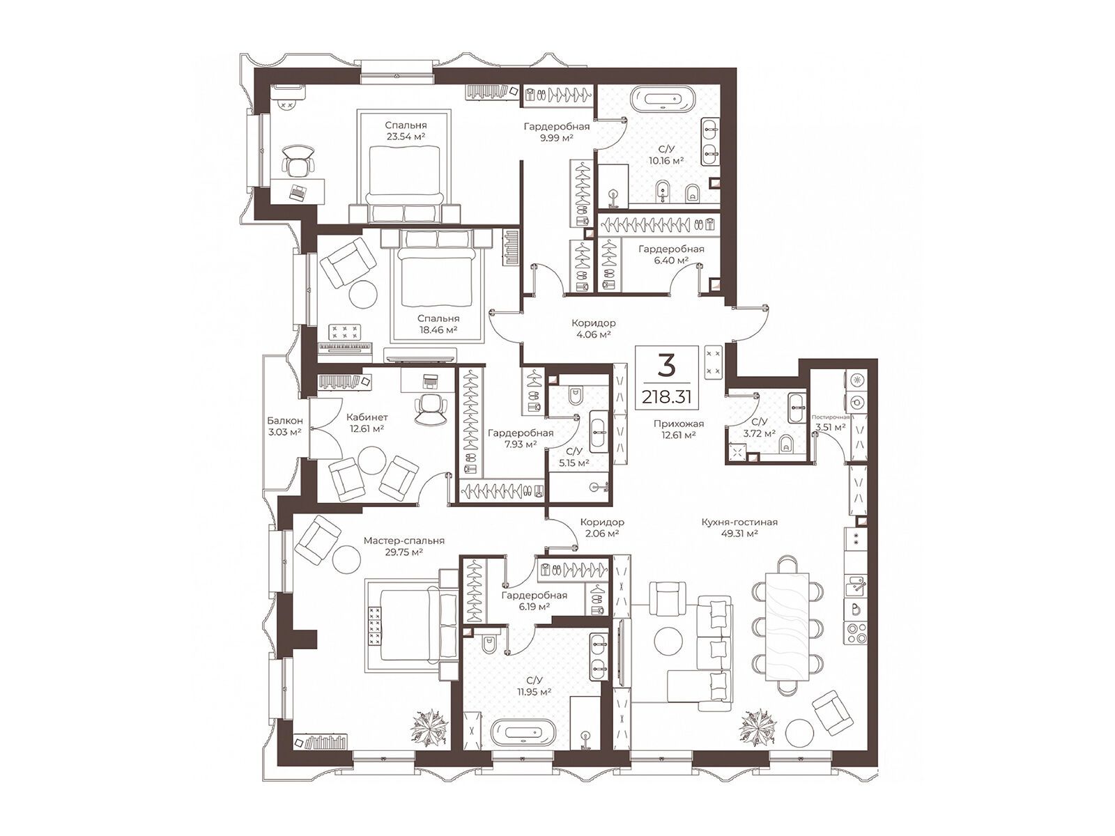 Планировка: 3-комн. квартира 218.31 м² в новостройке Клубный дом Воронцовъ