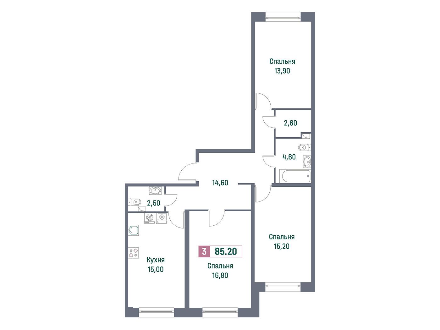 Планировка: 3-комн. квартира 85.20 м² в новостройке Фотограф