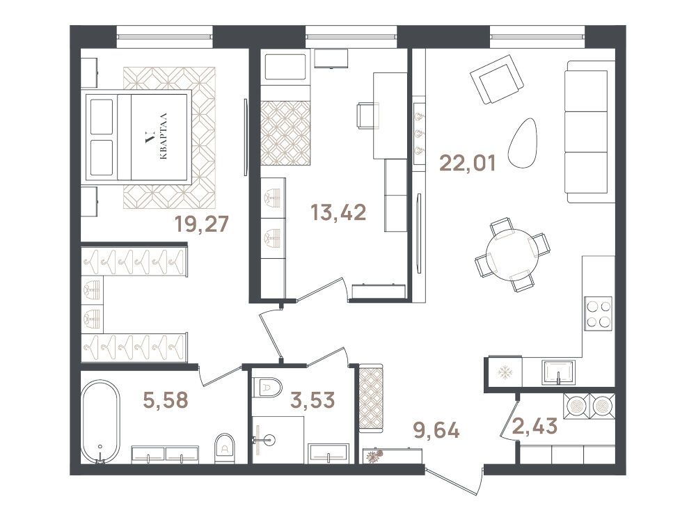 Планировка: 2-комн. квартира 75.88 м² в новостройке VI Квартал