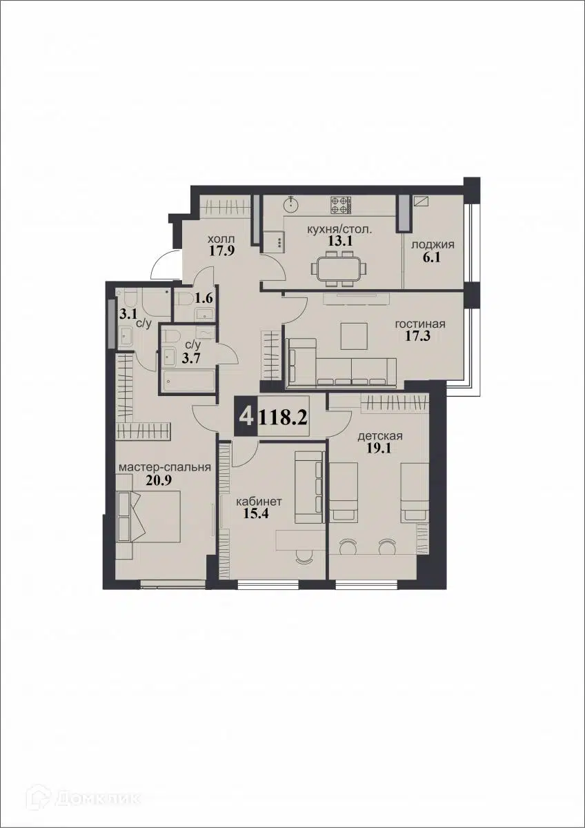 Планировка: 4-комн. квартира 118.20 м² в новостройке Надежда
