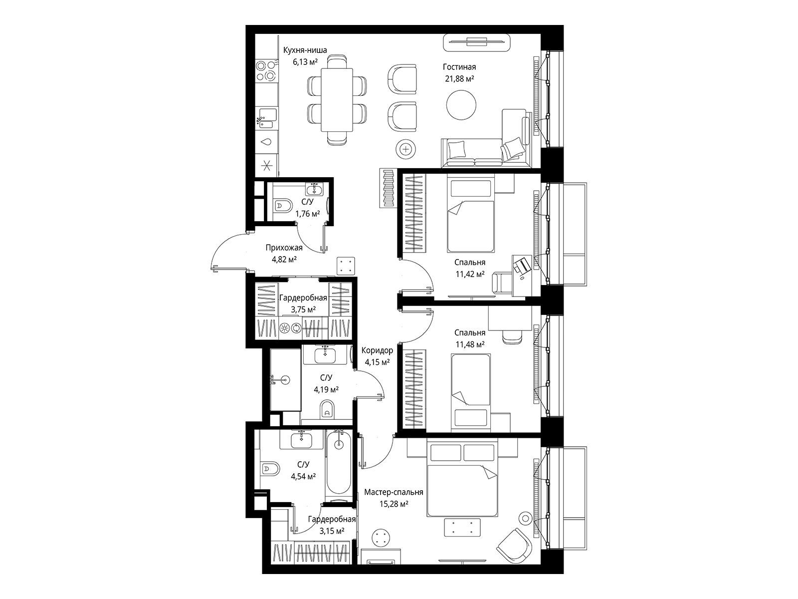 Планировка: 3-комн. квартира 92.55 м² в новостройке Мыс