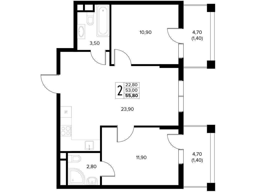 Планировка: 2-комн. квартира 55.80 м² в новостройке Кипарис